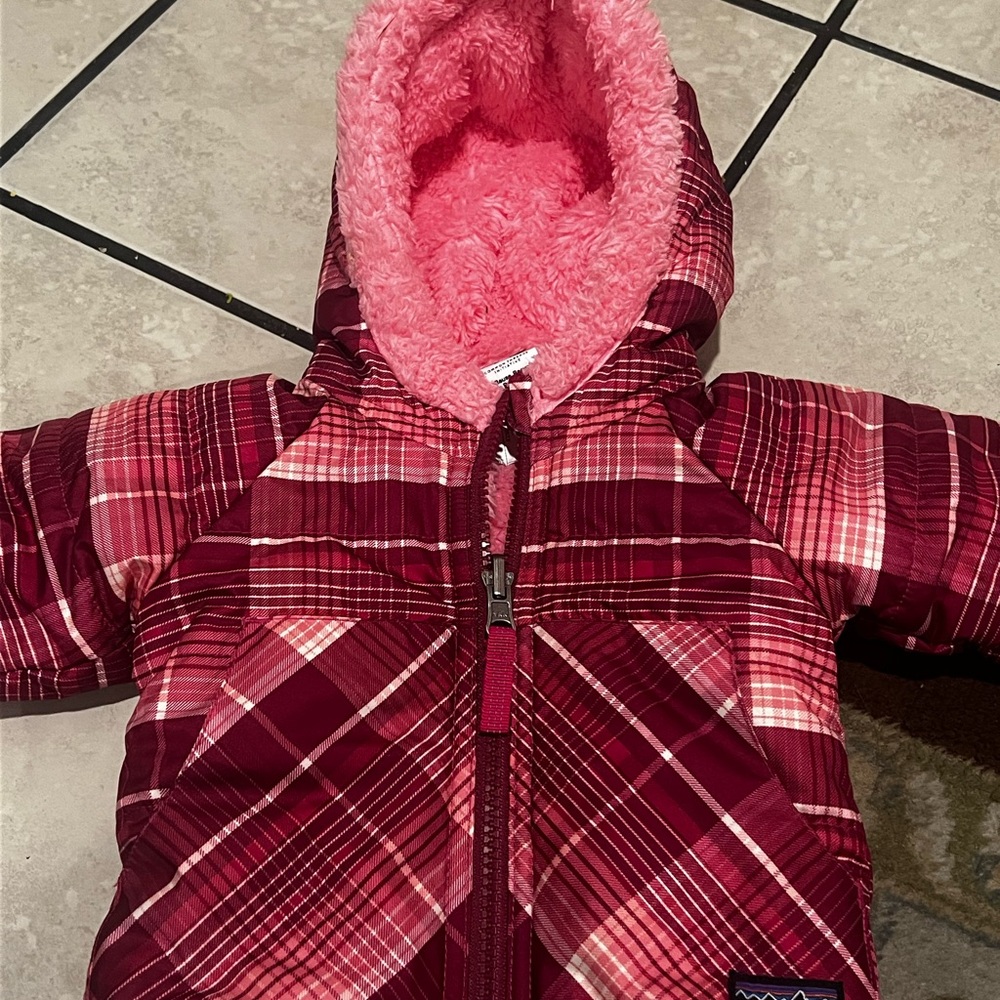 Patagonia Pink and Red Plaid Baby Snowsuit
